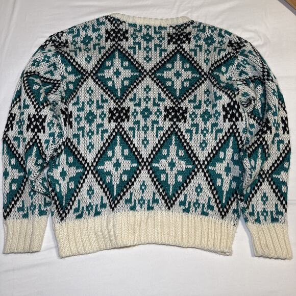VTG Claybrooke Unisex Medium Sweater Cream Teal Navy Chunky Knit Long Sleeve - Picture 11 of 13